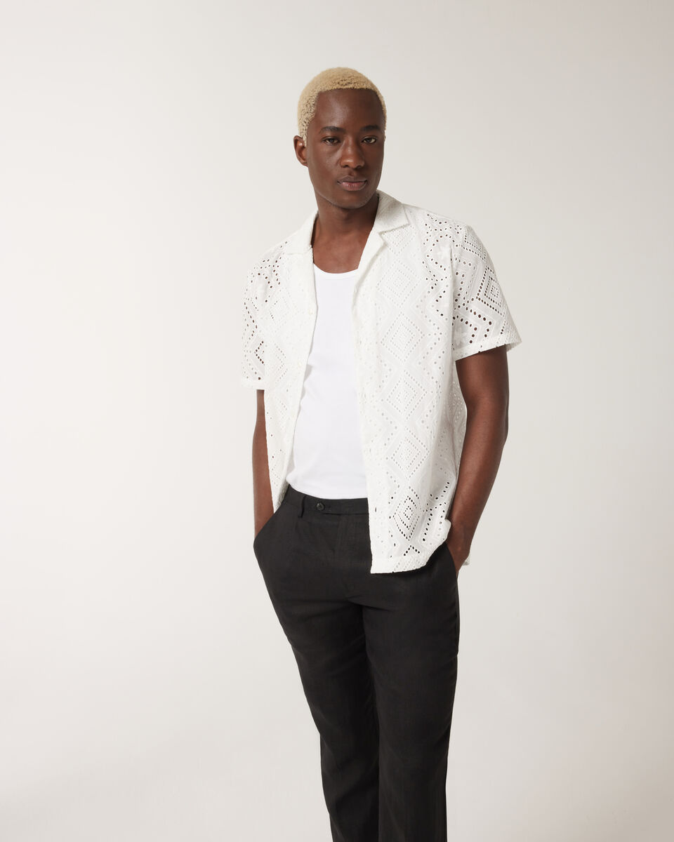 Embroidery Cuban Collar Button-up Shirt, White, hi-res